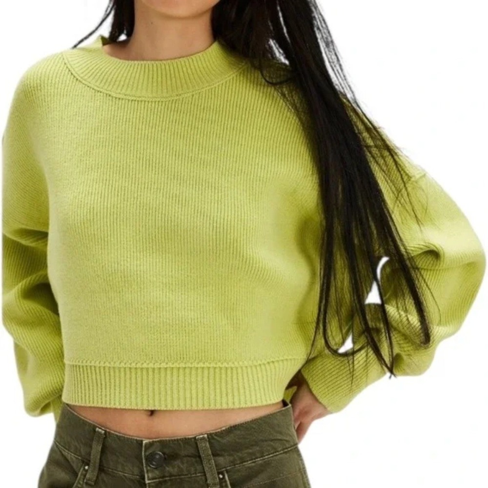 Free People Sweater Womens XS Lime Green Easy Street Crop Ribbed Knit Pullover